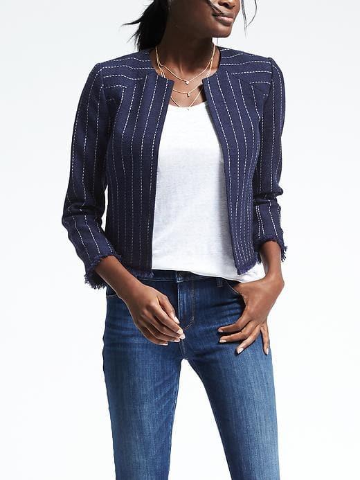 Banana Republic Womens Stripe Collarless Boucle Jacket - Preppy Navy