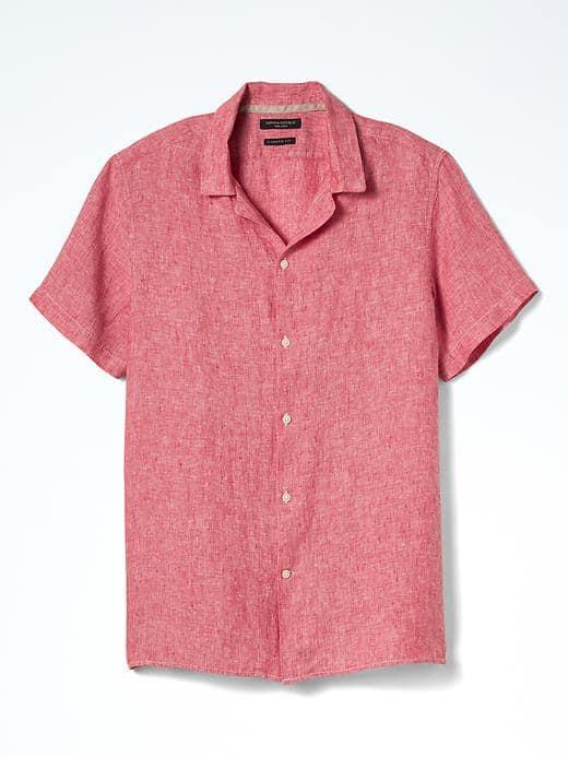 Banana Republic Mens Camden Fit Linen Cotton Short Sleeve Shirt - Red