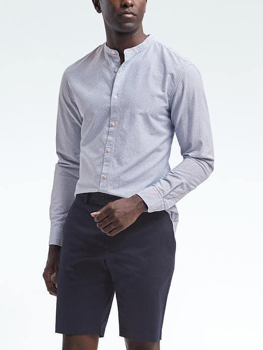 Banana Republic Mens Grant Fit Banded Collar Stripe Shirt - Navy Peony Stripe