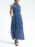 Banana Republic Womens Geo Tie Up Bow Neck Maxi Dress - Royal Blue