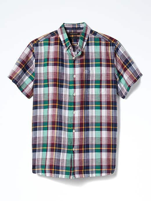 Banana Republic Mens Camden Fit Plaid Linen Cotton Short Sleeve Shirt - Cranberry