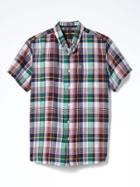 Banana Republic Mens Camden Fit Plaid Linen Cotton Short Sleeve Shirt - Cranberry