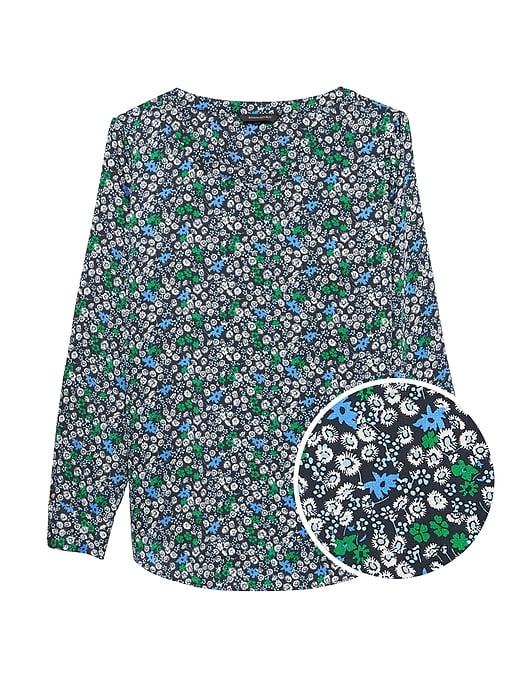 Banana Republic Womens Petite Floral Soft Satin Perfect Tunic Top Blue Print Size S