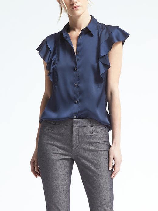 Banana Republic Easy Care Flutter Sleeve Button Shirt - Navy