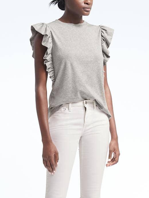 Banana Republic Womens Stripe Jersey Ruffle Trim Top - Heather Gray