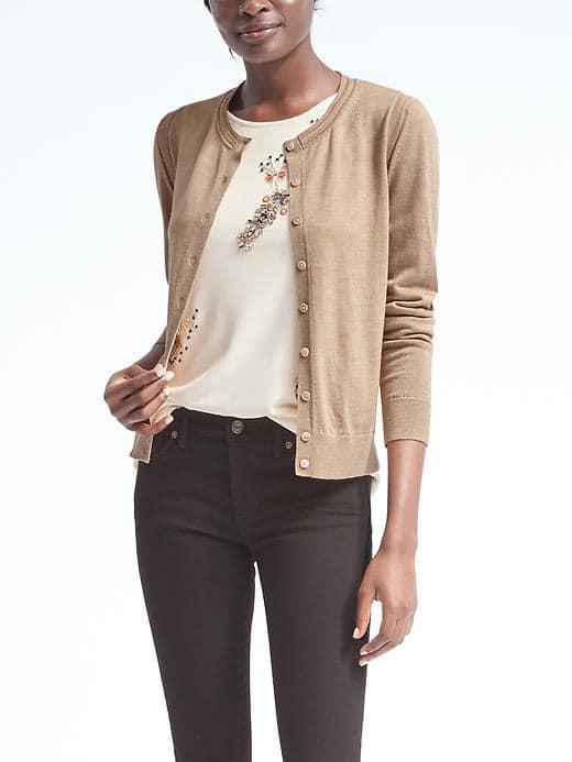 Banana Republic Womens Merino Pointelle Cardigan - Camel