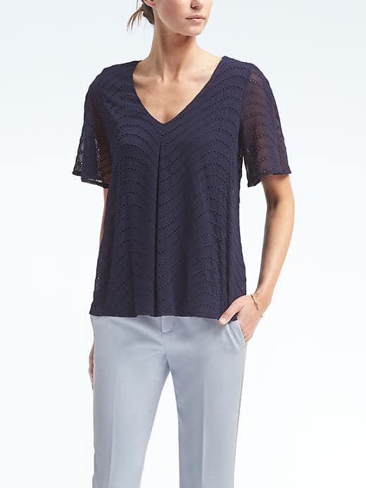 Banana Republic Womens Short Sleeve Eyelet Top - Navy