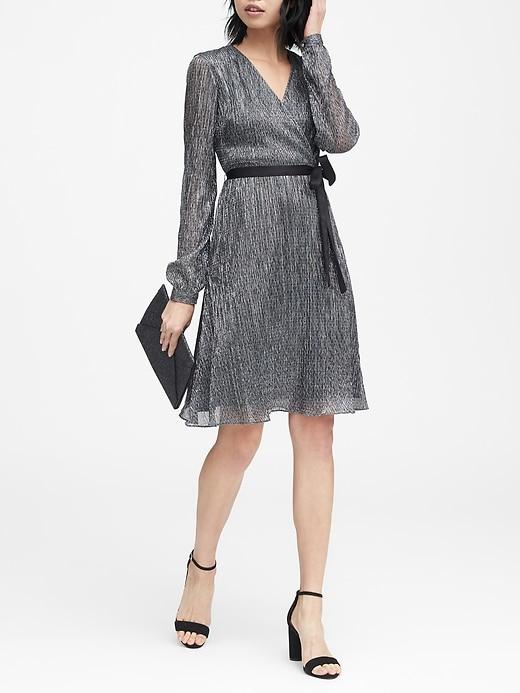 Banana Republic Womens Pleated Metallic Faux-wrap Dress Gunmetal Size 4
