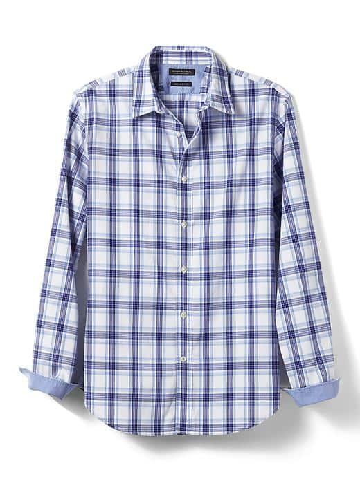 Banana Republic Mens Grant Fit Custom Wash Blue Plaid Shirt - Blue