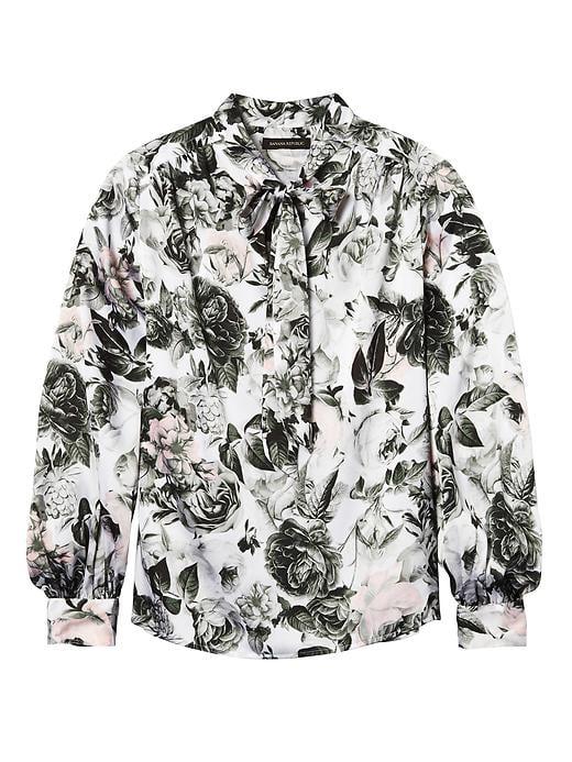 Banana Republic Womens Floral Long Sleeve Tie Neck Top - White