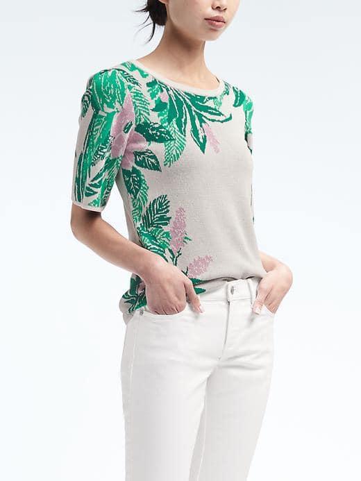 Banana Republic Womens Jacquard Knit Floral Tee - Stone