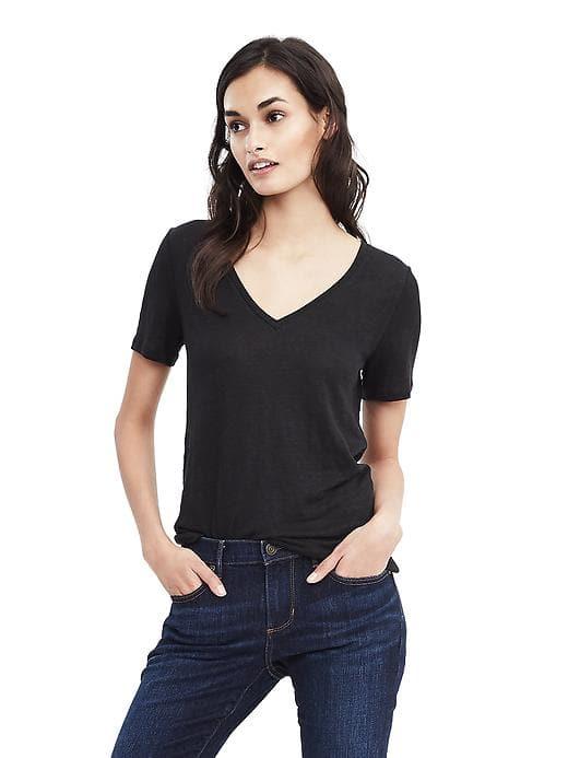 Banana Republic Womens Signature Short Sleeve Linen Vee - Black