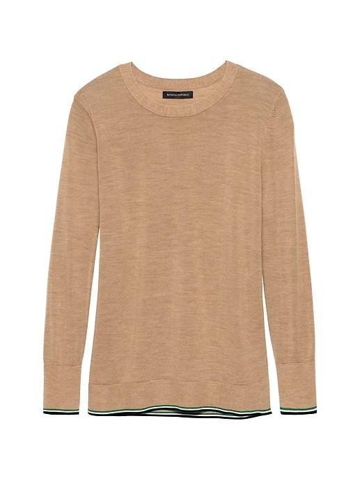 Banana Republic Womens Petite Machine-washable Merino Crew Sweater Camel With Emerald, Navy & White Accent Size M