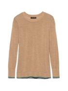 Banana Republic Womens Petite Machine-washable Merino Crew Sweater Camel With Emerald, Navy & White Accent Size M