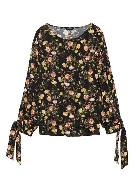 Banana Republic Womens Floral Tie-cuff Top Black Print Size L