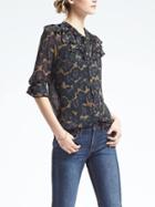 Banana Republic Womens Floral Embroidered Flutter Blouse - Kale Green