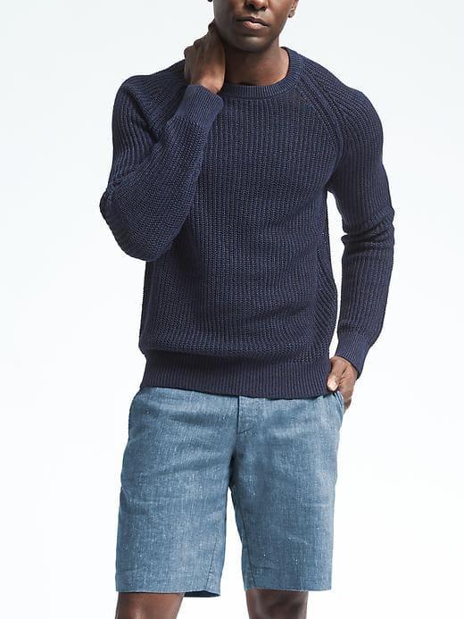 Banana Republic Mens Ribbed Linen Crew Pullover - Navy Star