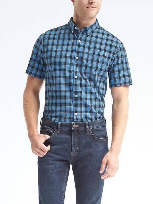 Banana Republic Mens Grant Fit Custom Wash Buffalo Check Short Sleeve Shirt - Navy