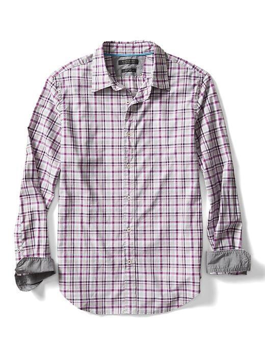 Banana Republic Mens Grant Fit Custom Wash Check Shirt - Heather Gray