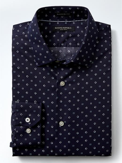 Banana Republic Mens Camden Fit Non Iron Mirco Print Shirt - Navy