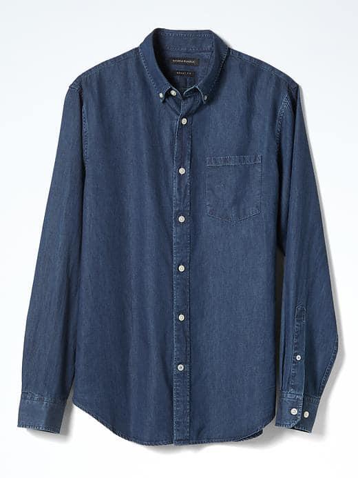 Banana Republic Mens Grant Fit Denim Chambray Shirt - Dark Indigo
