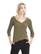 Banana Republic Womens Italian Cashmere Blend Seemless Ribbed Vee Pullover - Olive