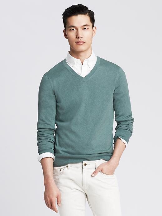 Banana Republic Silk Cotton Cashmere Vee Pullover Size L - Parsley Green Heather