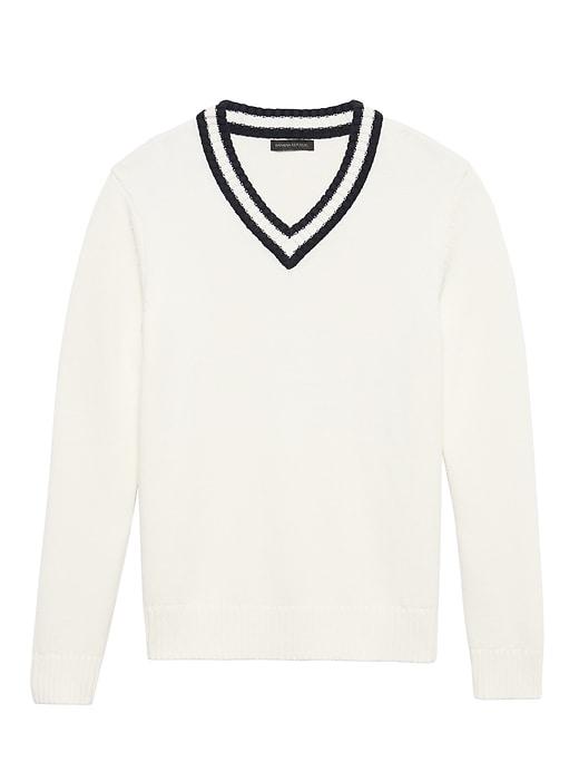 Banana Republic Mens Supima Cotton Contrast V-neck Sweater White Size L