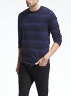 Banana Republic Mens Tonal Stripe Extra Fine Merino Wool Crew Pullover - Navy