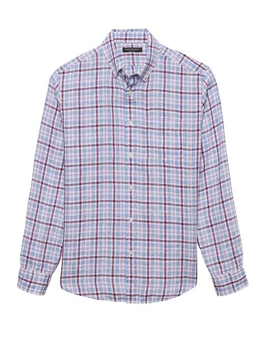 Banana Republic Mens Camden Standard-fit Linen Gingham Shirt Raspberry Size M
