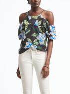 Banana Republic Womens Floral Easy Care Cold Shoulder Flutter Sleeve Top - Black Print