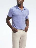 Banana Republic Mens Slim Pique Cotton Linen Stripe Polo - Harbor Blue