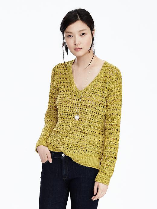 Banana Republic Womens Open Stitch Vee Sweater Size L - Lively Chartreuse