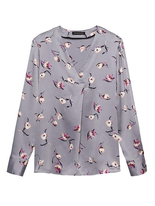 Banana Republic Womens Halli Floral Drapey V-neck Top Silver Size S