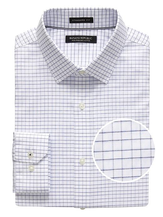 Banana Republic Mens Camden Standard-fit Non-iron Mini Grid Dress Shirt Marfa Blue Size Xxs