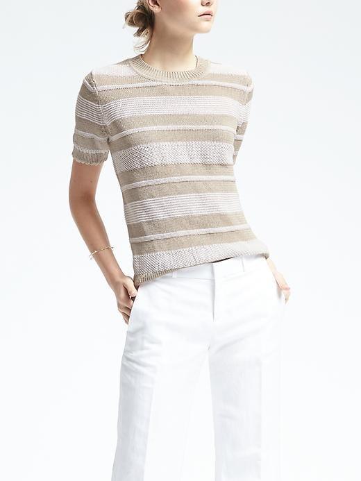 Banana Republic Womens Stripe Italian Linen Short Sleeve Pullover - Taupe