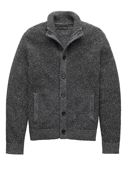 Banana Republic Mens Textured Cotton Mock-neck Cardigan Sweater Black Size L