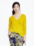 Banana Republic Womens Extra Fine Merino Wool Pointelle Vee Pullover Size L - Luminous Yellow
