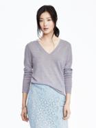 Banana Republic Womens Extra Fine Merino Wool Pointelle Vee Pullover Size L - Light Gray