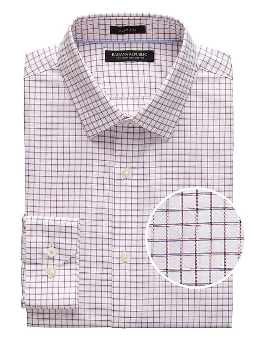 Banana Republic Mens Grant Slim-fit Non-iron Mini Grid Dress Shirt Holly Berry Red Size Xs