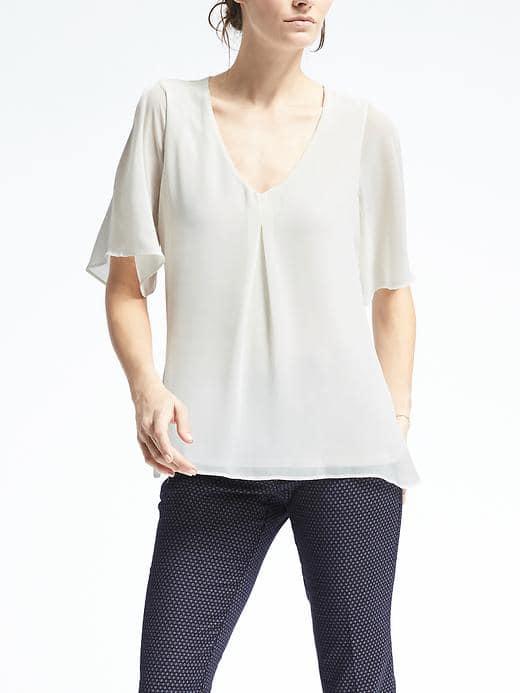 Banana Republic Womens Short Sleeve Pleated Neckline Blouse - Snow Day