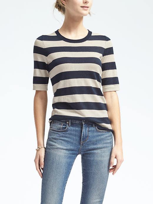 Banana Republic Womens Stripe Silk Cashmere Elbow Sleeve Pullover - White