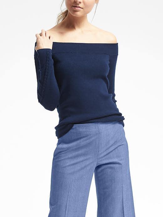 Banana Republic Womens Merino Off Shoulder Ribbed Sweater - Navy