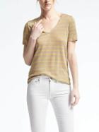 Banana Republic Womens Short Sleeve Stripe Linen Vee - Golden Beige