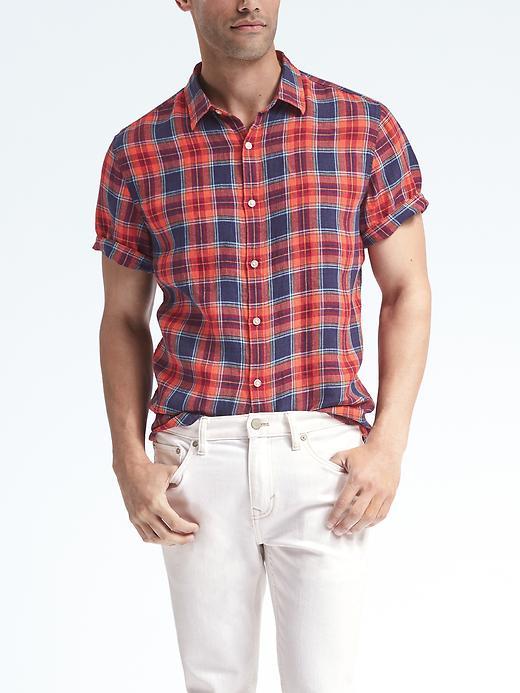 Banana Republic Mens Camden Fit Plaid Linen Short Sleeve Shirt - Navy
