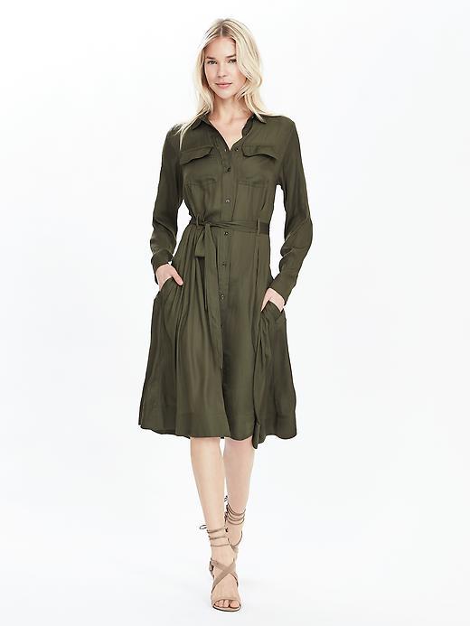 Banana Republic Womens Metallic Midi Shirtdress Size L Tall - Dark Cypress