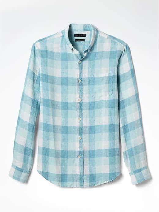 Banana Republic Mens Camden Fit Gingham Linen Shirt - Turquoise