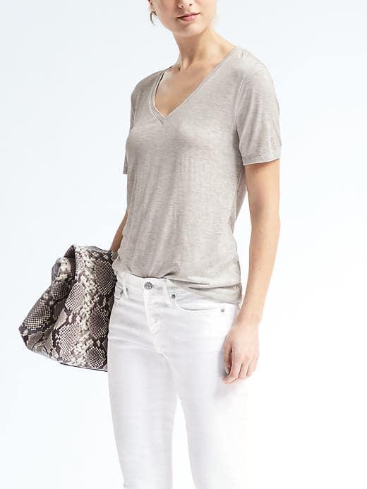 Banana Republic Womens Short Sleeve Modal Vee Tee - Lighter Heather Gray
