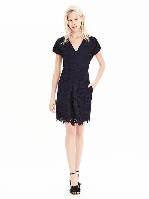 Banana Republic Womens V Neck Lace Dress Size 0 Petite - Navy