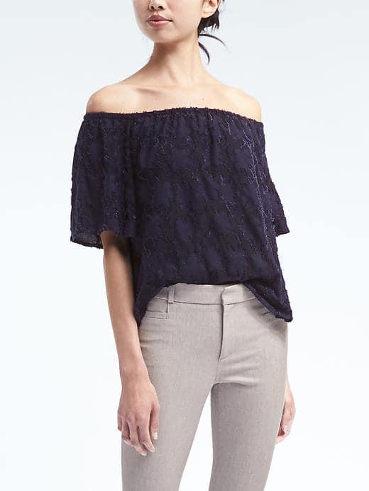 Banana Republic Womens Floral Jacquard Off Shoulder Top - Navy